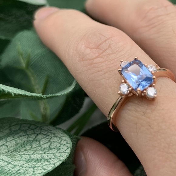 14K Rose Gold Plated Blue Spinel Emerald Cut Ring - Picture 4 of 4